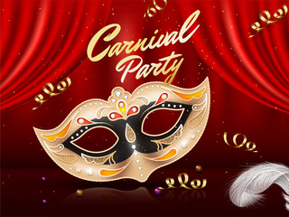 Poster - Carnival poster with decorative mask on glossy red curtains background.