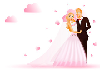 Wall Mural - Romantic couple character in standing pose on heart decorated background.