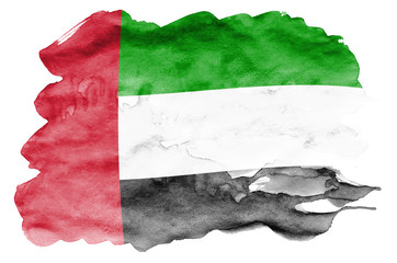 United Arab Emirates flag  is depicted in liquid watercolor style isolated on white background