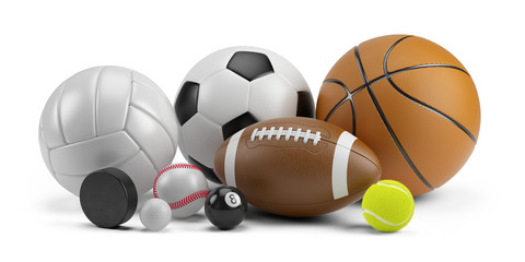 Wall Mural - Group of Sports balls: football basketball volleyball baseball soccer tennis billiard golf ball and hockey puck isolated on white background - 3d rendering