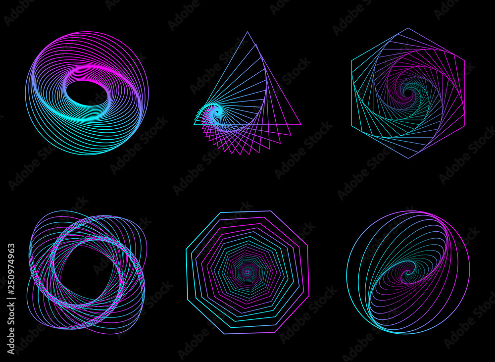 Abstract neon shapes set, futuristic wavy fractal background. Vector  geometric illustration - obrazy, fototapety, plakaty 