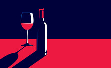 Vector Illustration Of A Bottle And Glass Of Red Wine On The Table In Vintage Elegant Minimal Style