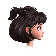 3d Cartoon Character Of A Brunette Girl With Big Brown Eyes. Beautiful Romantic Girl With Retro Hairstyle. Young Woman With Short Brown Hair. Half Ponytail Hairstyle. 3D Rendering On White Background.