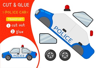 Education paper game for preshool children. Vector illustration of cartoon police car.