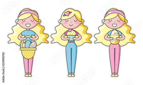 Plakaty do pokoju dziewczynki set-of-cute-kawaii-easter-girl-with-basket-of-easter-eggs-and-sweet-beautiful-kawaii-vector-illustration-for-greeting-card-poster-sticker