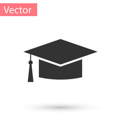 Wall Mural - Grey Graduation cap icon isolated on white background. Graduation hat with tassel icon. Vector Illustration