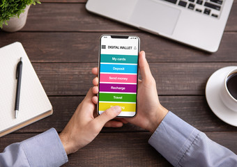 Poster - Man holding smartphone with digital wallet application
