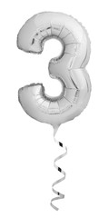 Wall Mural - Silver chrome number three 3 made of inflatable balloon with silver ribbon isolated on white background