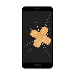 Wall Mural - broken mobile phone display with crack and sticking plaster vector illustration EPS10