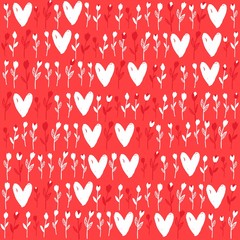 Seamless pattern with tulips and white hearts on the red background