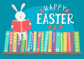 Wall Mural - Happy Easter. Easter bunny reading book on bookshelf. 