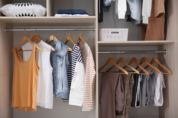 Poster - Collection of stylish clothes in large wardrobe closet