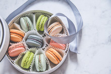 French Sweets Dessert-Macarons, Multicolored, In A Gift Box With A Ribbon