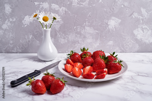 Ripe Organic Strawberries In White Ceramic Plate And