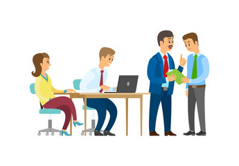 Wall Mural - Boss discussing business idea with employee vector. Person typing info on laptop, businessman company owner communicating with team of office workers