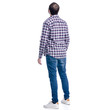 © Kabardins photo - A man in jeans and shirt looks up on a white background. Isolation, back view