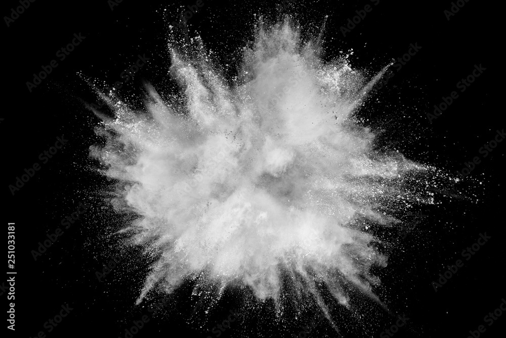 White powder explosion isolated on black background. White dust particles splash.Color Holi Festival. - obrazy, fototapety, plakaty 