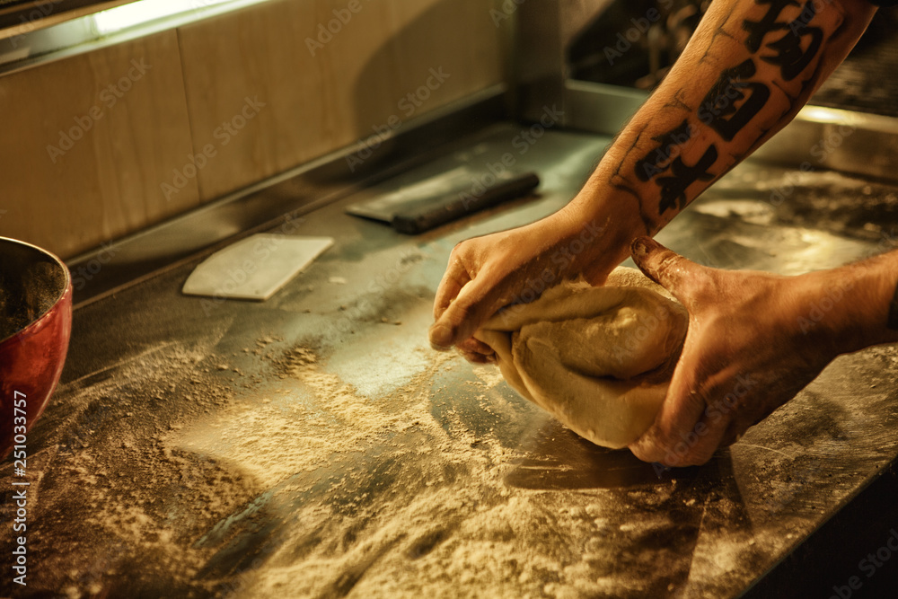 Process of preparation and making white homemade bread. Hands with ...