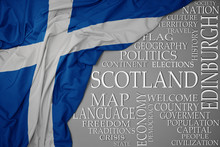 Waving Colorful National Flag Of Scotland On A Gray Background With Important Words About Country