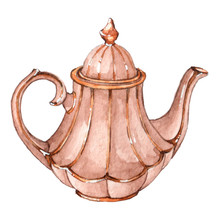 Watercolor Vintage Teapot Set For Tea Party.