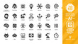 Vector artificial intelligence glyph icon set with machine learning, smart robotic and computer network digital AI technology: intelligent tech, brain circuit chip, cloud computing and internet sign.