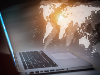 Poster - Global comuunication, network connection, computer and internet technology hud concept. Laptop with map of the world.