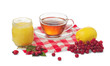 Cup of tea, lemon and honey pot, roze hips and berries of viburnum isolated on white background.