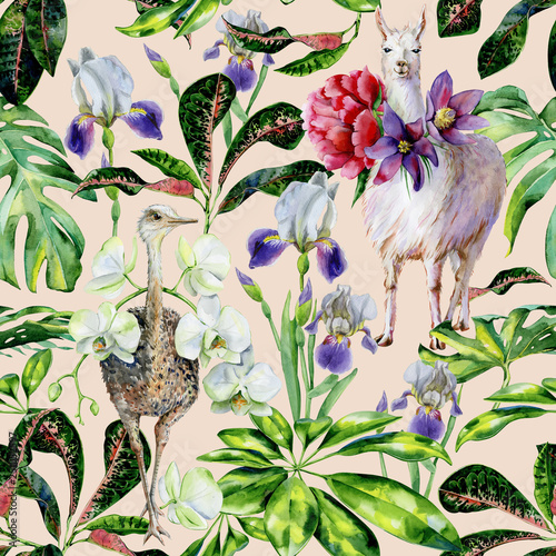 Watercolor seamless tropical pattern of  alpaca, ostrich and cartoon llama wi...