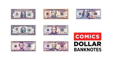 Wall Mural - Dollar money comics style paper banknotes of USA - vector one size, business art illustration