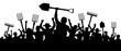 Angry peasants protest demonstration. A crowd of people with a pitchfork shovel rake. Riot workers vector silhouette