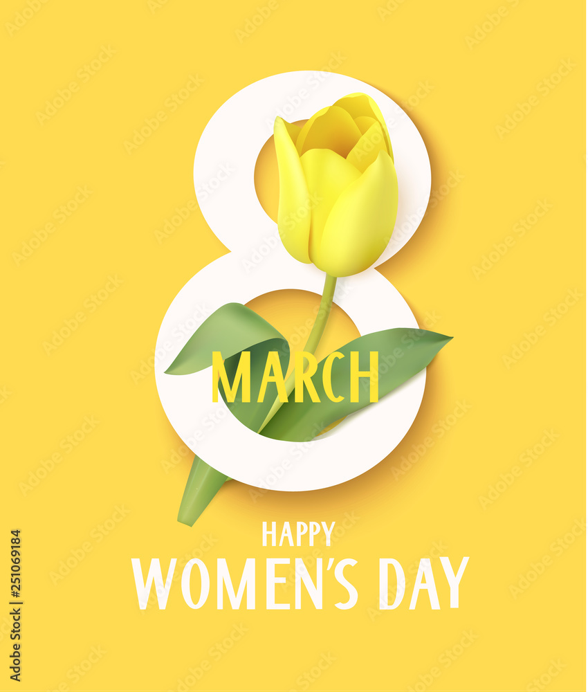 Happy Womens day. 8 march symbol with yellow tulip. Vector illustration - obrazy, fototapety, plakaty 