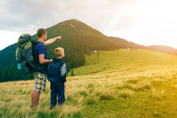 Wall Mural - Father and son with backpacks hiking together in summer mountains. Back view of dad and child holding hands on landscape mountain view. Active lifestyle, family relations, weekend activity concept