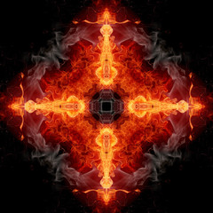 Poster - Abstract artistic 3d computer generated illustration of religious unique glorifying smoky flammable energetic cross artwork on a black background