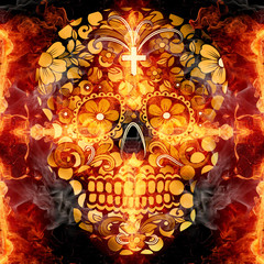 Poster - Abstract artistic 3d illustration of colorful religious glorifying fiery energetic skull artwork background