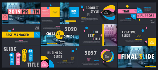 Wall Mural - Abstract blue, yellow, slides. Brochure cover design. Fancy info banner frame. Creative set of infographic elements. Urban. Title sheet model set. Modern vector. Presentation templates, corporate.