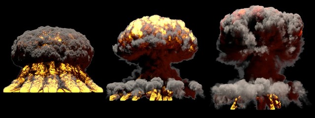 3D illustration of explosion - 3 large different phases fire mushroom cloud explosion of fusion bomb with smoke and flame isolated on black background