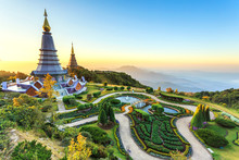 Landscape Of Two Pagoda At The Inthanon Mountain At Sunset, Chiang Mai, Thailand.