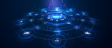 Landing Page IoT. Internet Of Things  Devices And Connectivity Concepts On A Network. Spider Web Of Network Connections With On A Futuristic Blue Background. IOT Icons