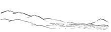 Volcanic Mountain Ranges On The Shores Of A Lake Or Ocean. Desert Lifeless Landscape. Hand-drawn Linear Sketch With Ink.