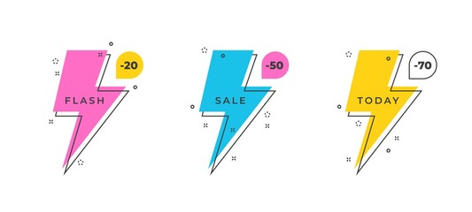 Wall Mural - Flash sale banner. Promotion thunder shape, yellow lightning bolt abstract geometric poster. Vector bolt advertising flyer set