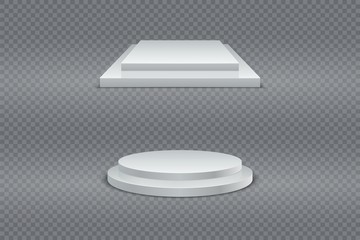 Poster - Winner podium set. Round and square 3d two-stage podium, pedestal or platform on transparent background. Vector set
