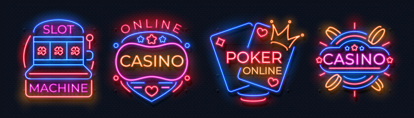 Poster - Casino neon signs. Slot machine jackpot banners, poker bar night billboard, gambling roulette. Vector casino neon web banners