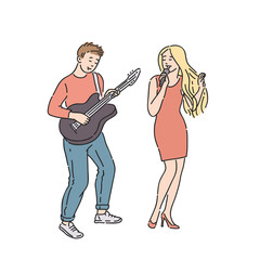 Wall Mural - Musicians man and woman. Guy in jeans playing guitar girl singing into microphone. Vector illustration in line art style isolated on white background.