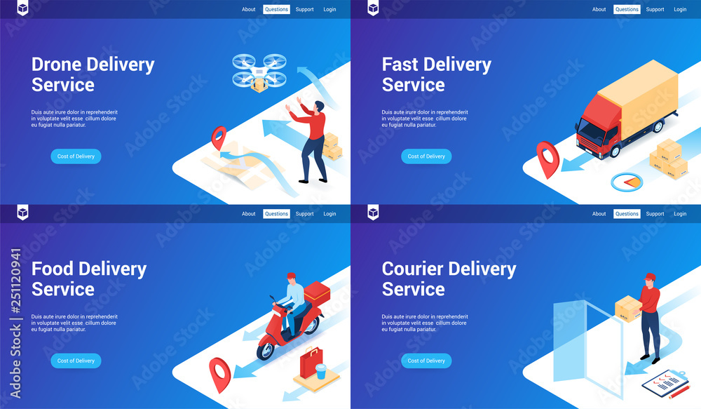 Isometric landing page templates for delivery services. Vector ...