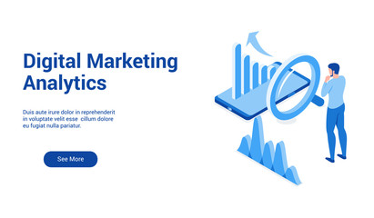 Poster - Isometric landing page template for digital marketing analytics. Vector illustration mock-up for website and mobile website