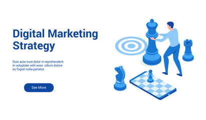 Poster - Isometric landing page template for digital marketing straategy. Vector illustration mock-up for website and mobile website