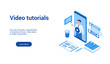 © Genestro - Isometric landing page template for video tutorials. Vector illustration mock-up for website and mobile website