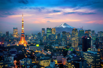 Fototapete - Aerial view of Tokyo cityscape with Fuji mountain in Japan.