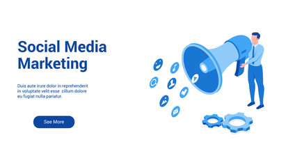 Poster - Isometric landing page template for social media marketing. Vector illustration mock-up for website and mobile website