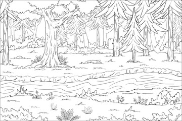 Coloring book landscape. Hand draw vector illustration with separate layers.